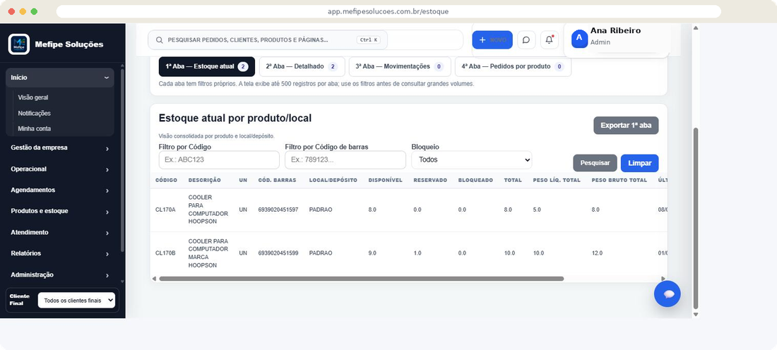 Tela de estoque da Mefipe Soluções, com saldo disponível, reservado e bloqueado por produto