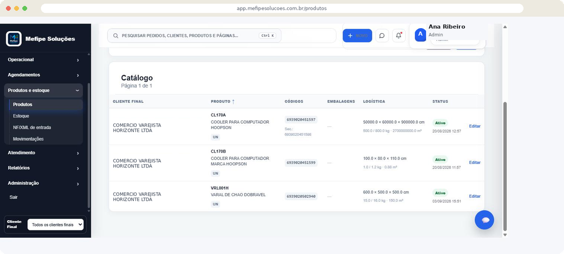 Catálogo de produtos da Mefipe Soluções, com códigos, embalagens e logística
